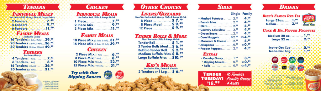 Bush's chicken menu with shop prices